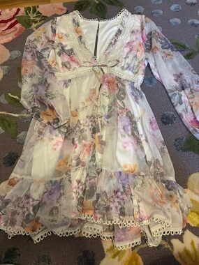 Lulus size large deep v sheer Long-Sleeve Dress Pink & Purple Flowers